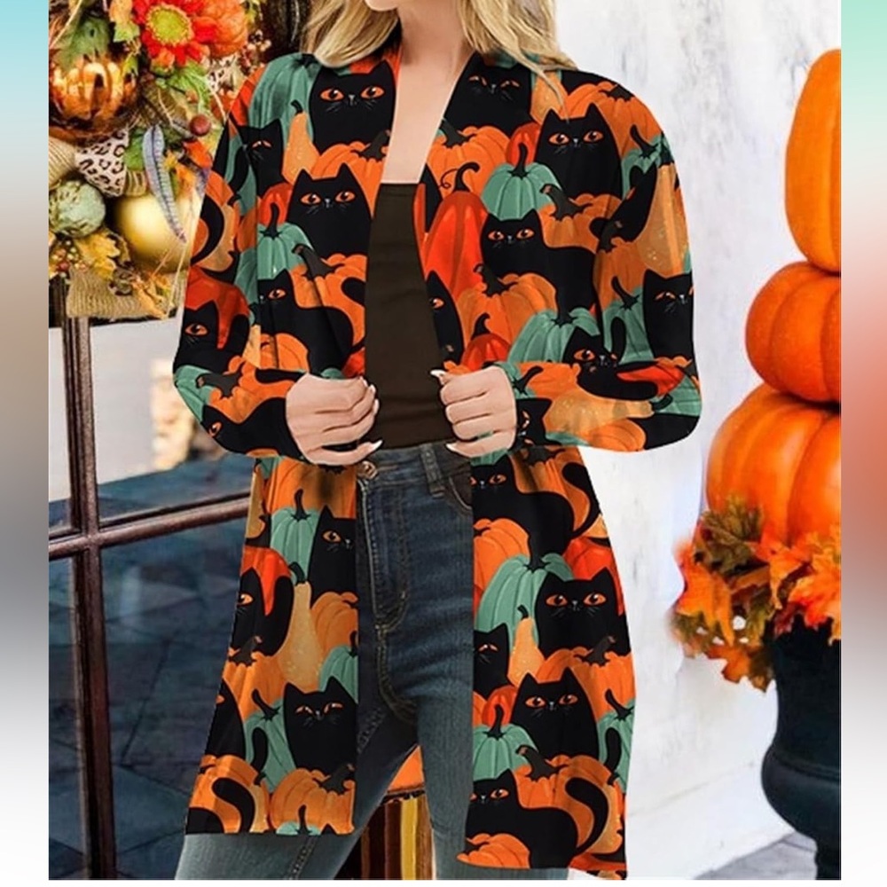 Women's Halloween Pumpkin Cat Pumpkin Print Cardigan Long Sleeve Size XL
